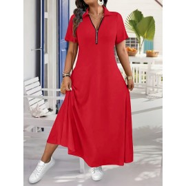 Elegant Plus Size French-Inspired Summer Dress • Waist-Cinching • Short Sleeves • Zipper Detail • Solid Color • Pockets • Flowy Skirt