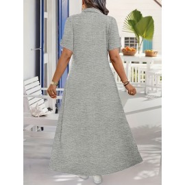 Elegant Plus Size French-Inspired Summer Dress • Waist-Cinching • Short Sleeves • Zipper Detail • Solid Color • Pockets • Flowy Skirt