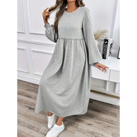 Plus Size - Women'S Casual Long Sleeve Dress - Light Gray, Loose Fit, Round Neck, Mid-Length, All-Season Comfort, Perfect for Weekend Outings, Casual Outing Attire | Relaxed Fit Dress | Comfortable Footwear