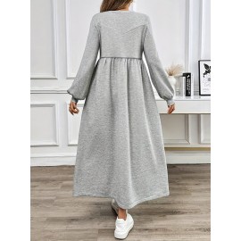 Plus Size - Women'S Casual Long Sleeve Dress - Light Gray, Loose Fit, Round Neck, Mid-Length, All-Season Comfort, Perfect for Weekend Outings, Casual Outing Attire | Relaxed Fit Dress | Comfortable Footwear