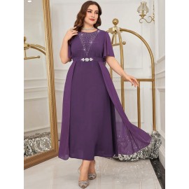 Plus Size - 2025 New Plus-Size Women'S Summer Dress with a Waist-Cinching Design That Flatters The Figure, Elegantly Concealing The Belly, Featuring a Stylish Faux Two-Piece A-Line Silhouette.