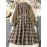 [Elegant Plaid Dress] Plus Size Elegant Women's Plaid Long Sleeve Dress | Brown & Beige Checkered Pattern, Contrast Collar, Button-Up Front, Flowy A-Line Silhouette - Perfect for Spring/Fall Casual or Formal Occasions, Polyester Fabric
