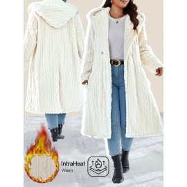 Plus Size - Women'S Plush Fleece-Lined Hooded Coat - Cozy Double-Breasted Mid-Length Winter Coat with Fluffy Lining, Elegant Solid Color Design for Fall/Winter, Warm & Stylish Outerwear, Winter Coats, Fall Fashion, Soft Texture