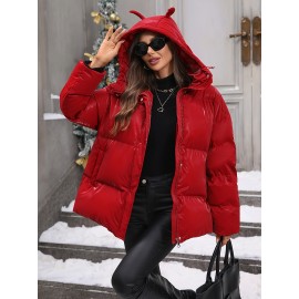 Plus Size - Plus Size Women'S Elegant Hooded Winter Coat - Warm Zip-Up Jacket with Long Sleeves, Solid Color Regular Fit for Cold Weather, Stylish Outdoor & Casual Wear, Winter Coats, Cold Weather Apparel, Sleek Design, Structured Design