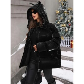 Plus Size - Plus Size Women'S Elegant Hooded Winter Coat - Warm Zip-Up Jacket with Long Sleeves, Solid Color Regular Fit for Cold Weather, Stylish Outdoor & Casual Wear, Winter Coats, Cold Weather Apparel, Sleek Design, Structured Design