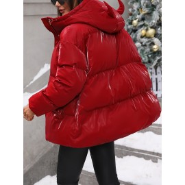 Plus Size - Plus Size Women'S Elegant Hooded Winter Coat - Warm Zip-Up Jacket with Long Sleeves, Solid Color Regular Fit for Cold Weather, Stylish Outdoor & Casual Wear, Winter Coats, Cold Weather Apparel, Sleek Design, Structured Design