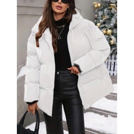 Plus Size - Plus Size Women'S Elegant Hooded Winter Coat - Warm Zip-Up Jacket with Long Sleeves, Solid Color Regular Fit for Cold Weather, Stylish Outdoor & Casual Wear, Winter Coats, Cold Weather Apparel, Sleek Design, Structured Design