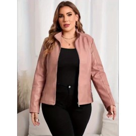 [Brown Biker Jacket] Brown Faux Leather Plus Size Women's Casual Biker Jacket | Short Motorcycle Jacket with Zipper Closure, Turn-Collar & Long Sleeves for Spring/Fall, Versatile Outerwear, Sleek Design, Durable Fabric