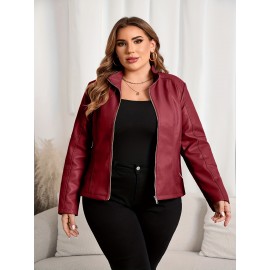 [Brown Biker Jacket] Brown Faux Leather Plus Size Women's Casual Biker Jacket | Short Motorcycle Jacket with Zipper Closure, Turn-Collar & Long Sleeves for Spring/Fall, Versatile Outerwear, Sleek Design, Durable Fabric