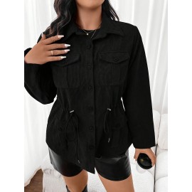 Plus Size, French Elegant Drawstring Waist Women's Plus Size Jacket with Turn- Collar Long Sleeve Pocket Casual Solid Color Blazer