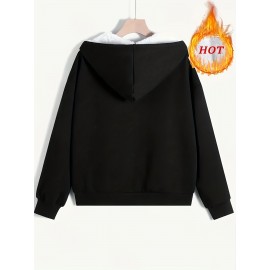 Plus Size Women's Cozy Fleece-Lined Jacket with Hood - Solid Color, Drawstring, Long Sleeves & Zipper - Perfect for Fall/Winter Warmth