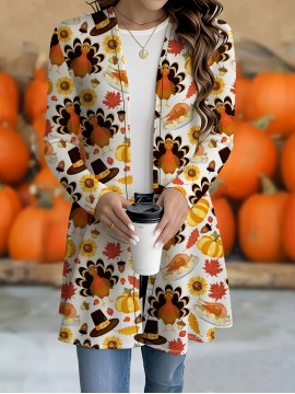 [Plus Size Turkey Cardigan] Plus Size Women's Thanksgiving Turkey Print Long Sleeve Cardigan | Lightweight Open Front, Stretchy Machine-Washable, Versatile Layering, Seasonal Fashion, Durable, Breathable