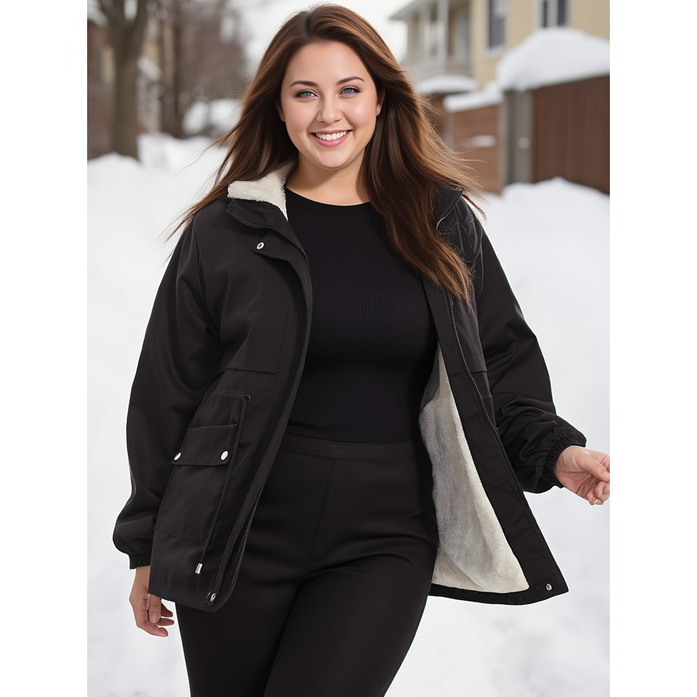 Plus Size - Plus Size Women'S Winter Parka with Drawstring Waist & Hood - Warm Polar Fleece Lined Coat, Casual Black Bomber Jacket for Cold Weather, Winter Parka, Snowy Day Attire, Flared Hem Coat, Nonstretch Fabric