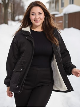 Plus Size - Plus Size Women'S Winter Parka with Drawstring Waist & Hood - Warm Polar Fleece Lined Coat, Casual Black Bomber Jacket for Cold Weather, Winter Parka, Snowy Day Attire, Flared Hem Coat, Nonstretch Fabric
