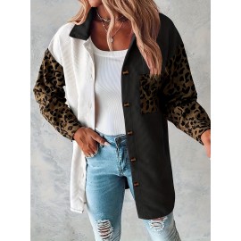 Plus Size, Plus Size Women's Oversized Coat - White & Mustard-Yellow Lapel Collar Jacket with Leopard Print Sleeves, Lapel Button-Front Blazer, Structured All-Season Outerwear (Machine Washable) for Casual & Professional Wear