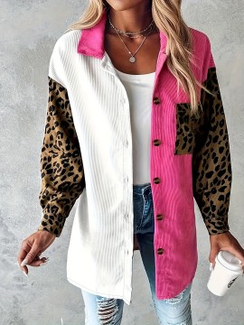 Plus Size, Plus Size Women's Oversized Coat - White & Mustard-Yellow Lapel Collar Jacket with Leopard Print Sleeves, Lapel Button-Front Blazer, Structured All-Season Outerwear (Machine Washable) for Casual & Professional Wear