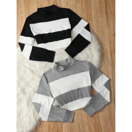 2pcs Set Color Block Spliced Short Sleeve Long T-Shirt Women's Crop Top High Neck Casual Chic New Style