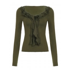 Women'S Vintage-Inspired Ruffle Trim Long Sleeve T-Shirt - Slim Fit, Black, Casual Style with Tie Waist Detail, All-Season Wear, Casual Wear Tee | Ruffle Detail Top | Glossy Texture