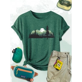 Women'S Casual Forest Print T-Shirt - Breathable Short Sleeve Crew Neck, Dopamine Design, Versatile Outdoor & Top for Spring/Summer/Fall, Forest Shirt