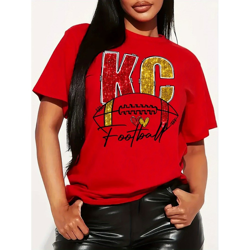 1pc Women's KC Football Glitter Graphic T-Shirt - Red & Yellow Sparkle Design, y Casual Short Sleeve Top, Machine Washable, Perfect Game Day Gift, Team Spirit Wear, Bold Lettering, Easy Care, Fan Apparel, Team Supporters