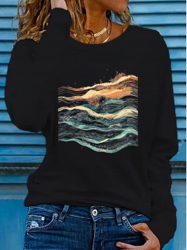 Women's West Coast Surf Gradient Tie-Dye Long Sleeve T-Shirt, Bright Yellow Crew Neck with Artistic Ocean Wave Print, Stretchy Polyester Blend, Casual Spring/Summer Sportswear, Machine Washable, Beach Wear