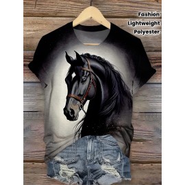 [95% Polyester T-Shirt] Polyester 95% Spandex 5% Women's Summer Casual Crew Neck T-Shirt | Animal Horse Print Short Sleeve Top, All Season Fashion, 175g/m² Lightweight - Perfect Gift for Mom