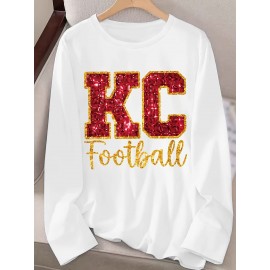 KC Football Long Sleeve Crew Neck T-Shirt - Casual, Alphabet Pattern, Regular Fit, Polyester Knit Fabric, All Seasons, No Belt, Long Sleeve, Regular Sleeve, No Chest Pad, Pullovers, Fabric Weight 180 g/m²