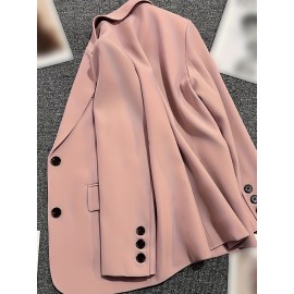 Elegant Pink Double-Breasted Blazer for Women - Versatile Office & Commuter Jacket with Pockets, Long Sleeve, Polyester, Perfect for All Seasons, Office Attire|Sleek Formal Attire|Polyester Blazer