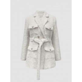 [Elegant Coat] Long Sleeve Elegant Belted Coat | Structured H-Silhouette Jacket with Golden-Tone Buttons & Fur-Lined Cuffs, Machine Washable Solid Color Outerwear for Spring/Fall
