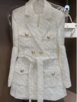 [Elegant Coat] Long Sleeve Elegant Belted Coat | Structured H-Silhouette Jacket with Golden-Tone Buttons & Fur-Lined Cuffs, Machine Washable Solid Color Outerwear for Spring/Fall