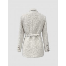 [Elegant Coat] Long Sleeve Elegant Belted Coat | Structured H-Silhouette Jacket with Golden-Tone Buttons & Fur-Lined Cuffs, Machine Washable Solid Color Outerwear for Spring/Fall