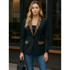 Women's Professional Blazer - Elegant Black & Golden button-front Jacket, Structured H-Silhouette for Office, Formal Events, Everyday - Machine Washable Non-Stretch Blazer Coat