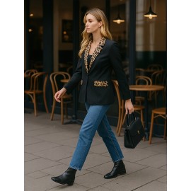 Women's Professional Blazer - Elegant Black & Golden button-front Jacket, Structured H-Silhouette for Office, Formal Events, Everyday - Machine Washable Non-Stretch Blazer Coat