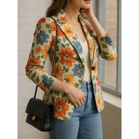 [Floral Print Blazer for Women] Elegant Floral Print Blazer for Women - Vibrant Orange, Yellow & Blue Flowers, Single-Breasted Notch Lapel Jacket, Long Sleeve Regular Fit, All-Season Versatile Office & Casual Wear, Chic Workwear, Sophisticated Tailoring