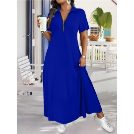 Elegant Plus Size French-Inspired Summer Dress • Waist-Cinching • Short Sleeves • Zipper Detail • Solid Color • Pockets • Flowy Skirt