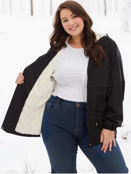 Women'S Plus Size Winter Coat, Long Sleeve, Solid Color, Polyester, Hooded, Casual Style, Open Front, Woven, A-Line Hem, No Belt, Regular Fit, Non-Waterproof