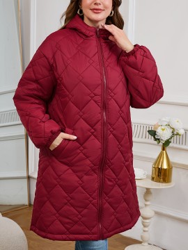 Women's Elegant Quilted Hooded Jacket with Zipper Closure - Large Square Pattern, Machine Washable, All-Season Versatile Outerwear for Casual & Formal Wear, Formal Coat, Easy Maintenance Coat
