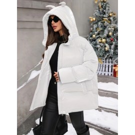 Plus Size - Plus Size Women'S Elegant Hooded Winter Coat - Warm Zip-Up Jacket with Long Sleeves, Solid Color Regular Fit for Cold Weather, Stylish Outdoor & Casual Wear, Winter Coats, Cold Weather Apparel, Sleek Design, Structured Design