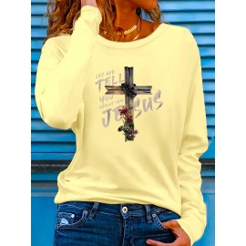 Floral Cross Print Women's Long Sleeve Crew Neck T-Shirt - 
