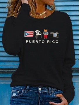 [Stretchy Puerto Rico T-Shirt] Stretchy Polyester Women's Puerto Rico Flag Cartoon Frog Graphic Long Sleeve T-Shirt | Casual Round Neck Top for Spring & Summer Vacation, Machine Washable, Playful Design