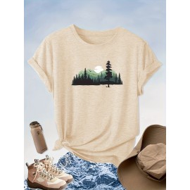 Women'S Casual Forest Print T-Shirt - Breathable Short Sleeve Crew Neck, Dopamine Design, Versatile Outdoor & Top for Spring/Summer/Fall, Forest Shirt