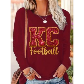 KC Football Long Sleeve Crew Neck T-Shirt - Casual, Alphabet Pattern, Regular Fit, Polyester Knit Fabric, All Seasons, No Belt, Long Sleeve, Regular Sleeve, No Chest Pad, Pullovers, Fabric Weight 180 g/m²