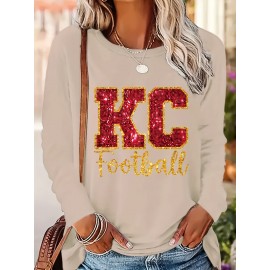 KC Football Long Sleeve Crew Neck T-Shirt - Casual, Alphabet Pattern, Regular Fit, Polyester Knit Fabric, All Seasons, No Belt, Long Sleeve, Regular Sleeve, No Chest Pad, Pullovers, Fabric Weight 180 g/m²